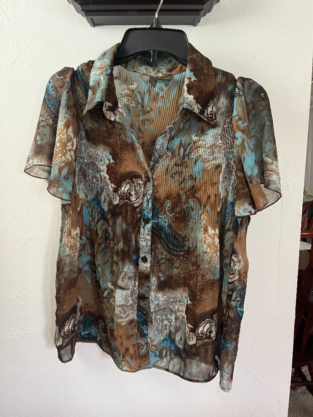 Women's Serenade New York Size Large Short Sleeve Button Blouse y2k Blue Brown